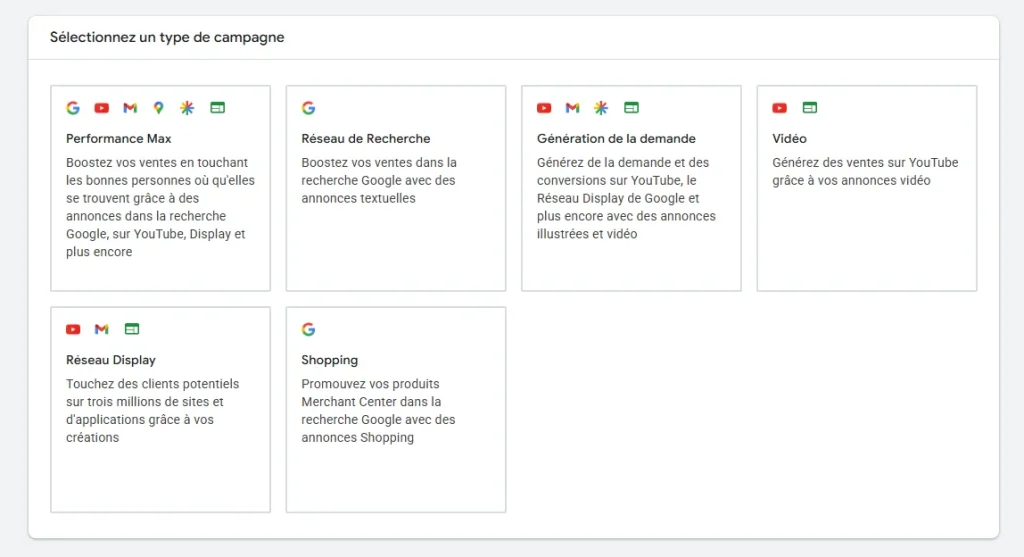 Types de campagnes Google Ads : Search, Display, Shopping et Performance Max pour PME romandes